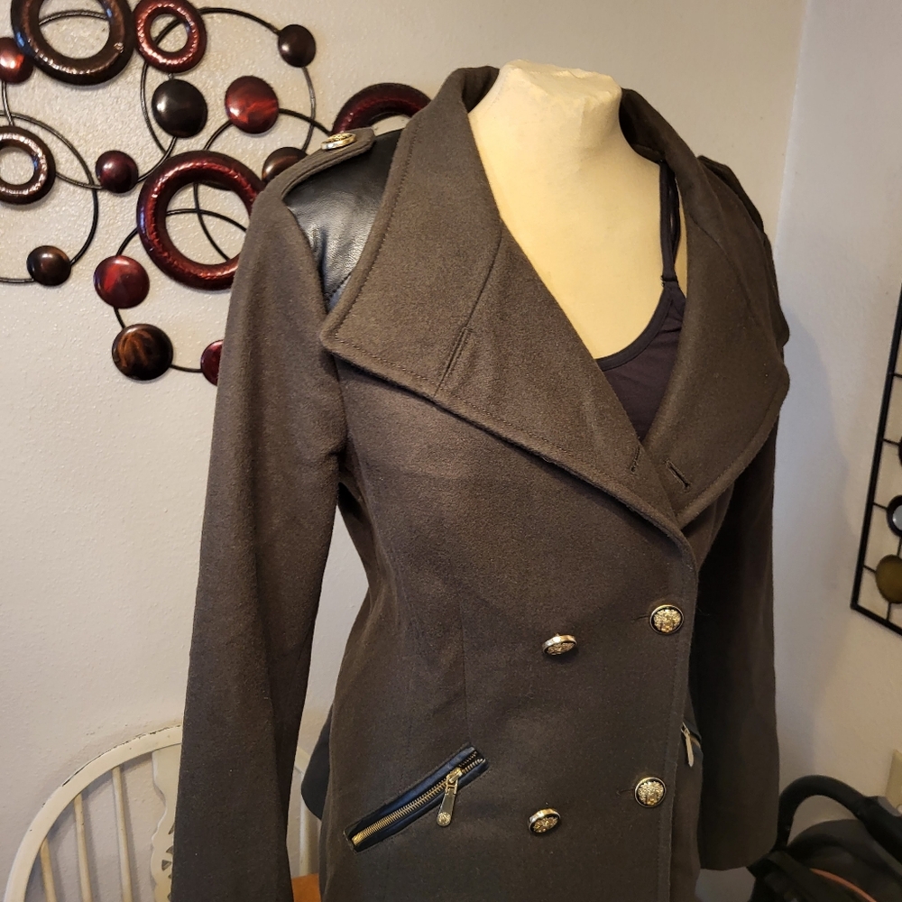 From Macy's, Faux Leather Trim Double Breasted Military Coat by Vince Camuto